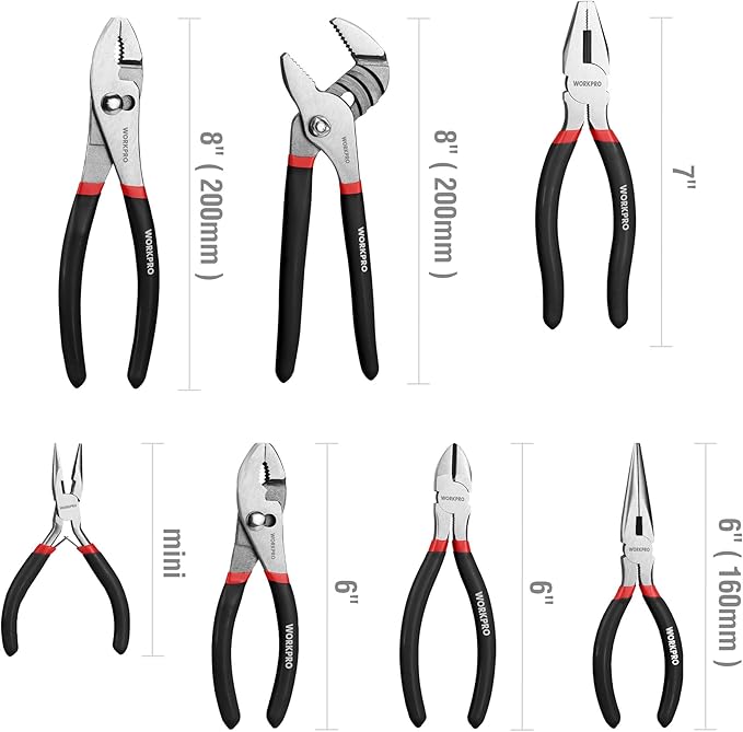 WORKPRO 7-piece Pliers Set with Groove Joint, Long Nose, Slip Joint, Linesman, and Diagonal Pliers for DIY & Home Use, Black