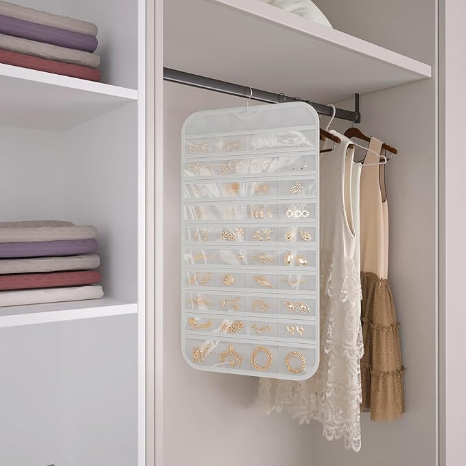 1 Pack Hanging Jewelry Organizer 80-Pocket Dual-sided Jewelry Storage for Earring Necklace Bracelet Ring Travel Holder, White and Beige