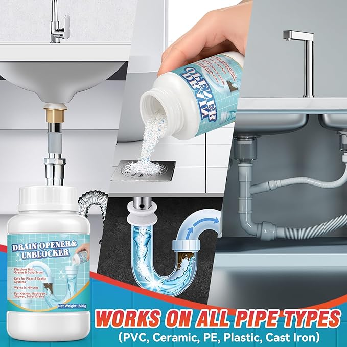 Drain Clog Remover, Crystal Lye Drain Opener, Hair Drains Clog Remover Unclog Bathroom and Kitchen Sinks, Drains, Shower Pipes, Removes Hair, Soap Scum, Blockages, 260g