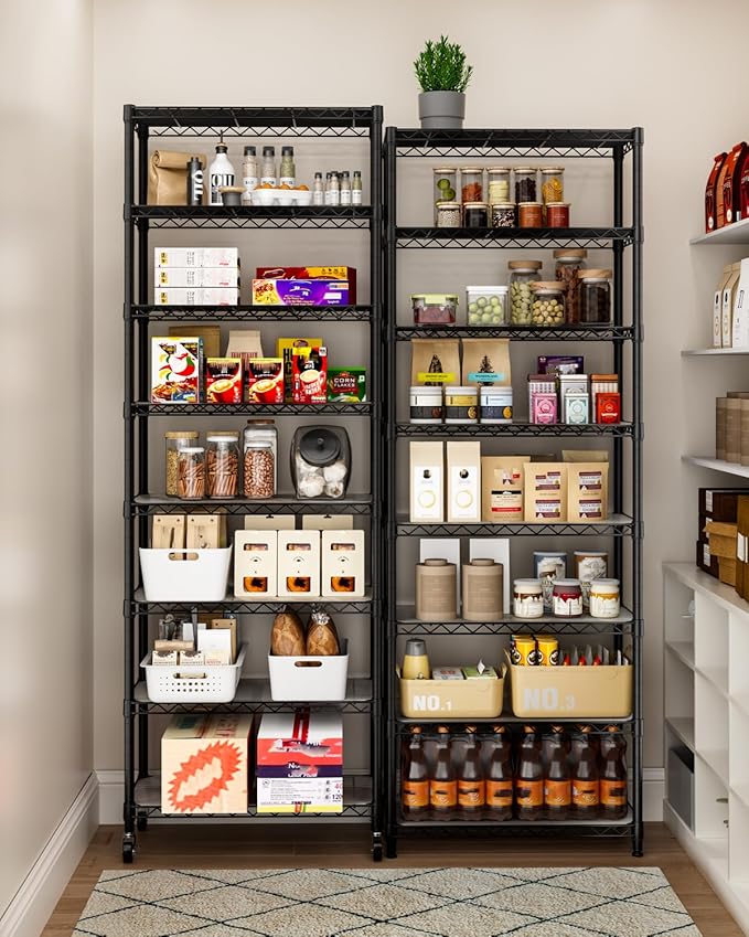 Golpart 8 Tier Shelves Storage Shelf Wire Closet Bathroom Organizers Metal Pantry Kitchen Garage Shelving Unit Laundry Room Organization Home Rack Net Basket Black with Wheels 12”D X 22”W X 74.2”H