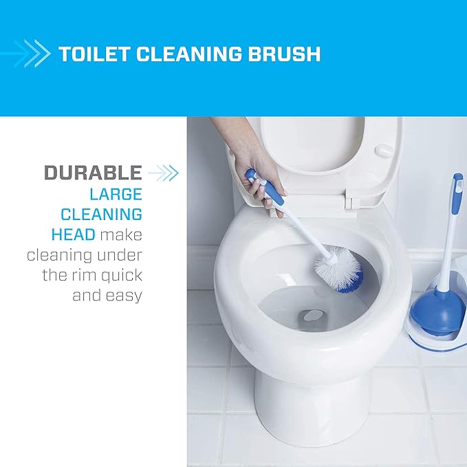 Mr. Clean Toilet Plunger and Bowl Brush Combo with Caddy, 3-Piece Heavy-Duty Plunger, Toilet Brush, and Caddy Set, White/Blue