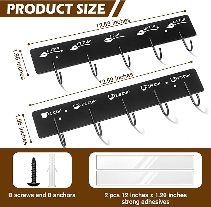 2 Pack Measuring Cups and Spoons Hanging Rack, Measuring Organizer Suitable for Kitchen, Black Cups and Spoons Rack, Including Screw and Adhesive Mounting