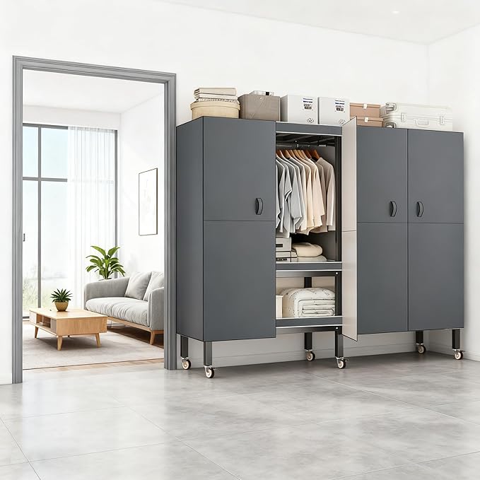 Foldable Portable Armoire Wardrobe Closet for Hanging Clothes Rack, Heavy Duty Covered Clothes Rack with Cover(HARDBOARD Magnetic), Closet Garment Rack for Bedroom Storage (KT Grey, 74.8in)
