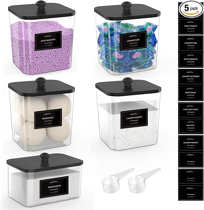 COAZEX 4+1 Pack Clear Laundry Pods Container & Dryer Sheet Holder, Plastic Square Laundry Room Organization and Storage Jars with Black Lids, Scoops & Labels for Detergent, Powder, Dryer Balls