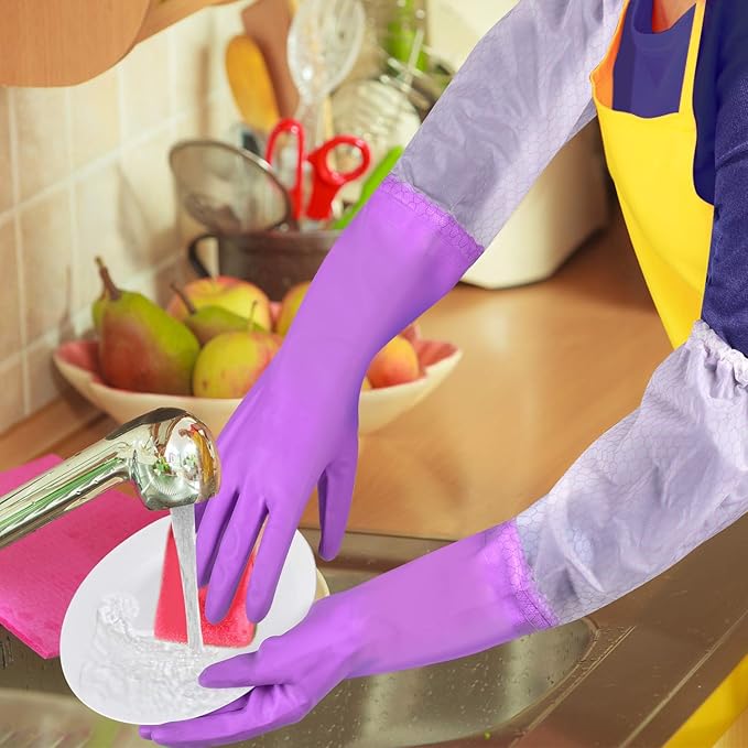 Elgood Reusable Long Sleeve Dishwashing Cleaning Gloves with Latex Free,Cotton Lining,Kitchen Gloves 2 Pairs,Purple+Blue L