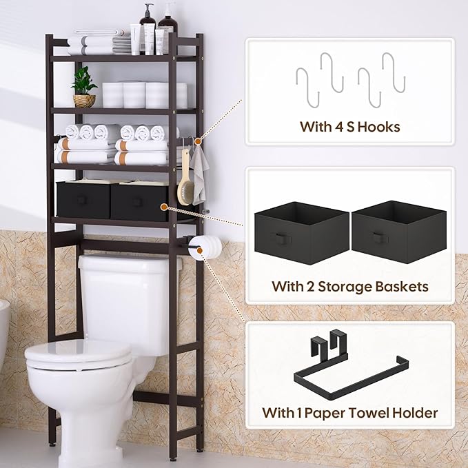 Cozivolife Over The Toilet Storage with 2 Baskets, 4-Tier Bamboo Organizer Rack with Paper Holder & 4 Hooks & Waterproof Feet Pad,Freestanding Shelf for Bathroom(Brown)