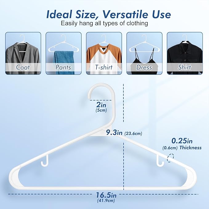 HOUSE DAY White Plastic Hangers 40 Pack, Plastic Clothes Hangers with Built-in Strap Hooks, Space Saving Slim Hanger for Closet Organizers and Storage, Durable Clothing Hanger for Shirts Blouses Tops