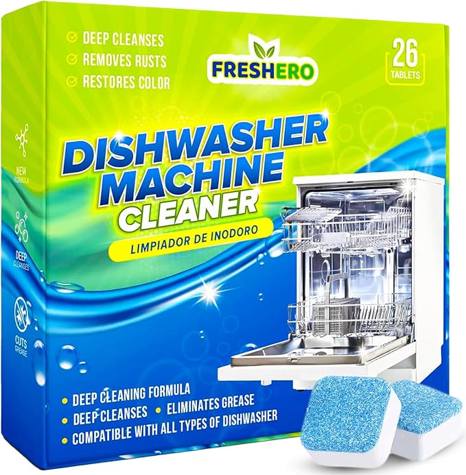 Freshero Dishwasher Cleaner and Deodorizer Tablets 26-Pack, Deep Cleaning Descaler for Dishwasher Machine, Heavy Duty, Septic Safe, Removes Grease & Build-ups, 1 Year of Cleaning Supplies (Unscented)