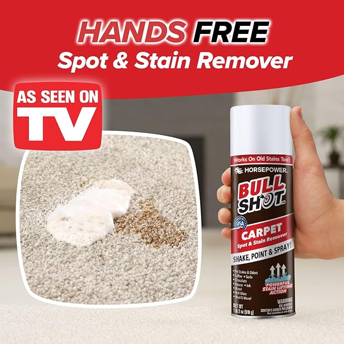 Horsepower Bull Shot Carpet Spot & Stain Remover, AS SEEN ON TV, Made In USA, Just Point & Spray, Stain-Lifting Foam-Action, Pet Stains & Odors, Coffee, Soda, Wine, Grease, New & Old Stains & More