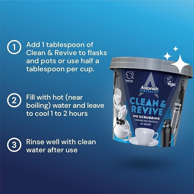 Descaling Foaming Powder | Tea & Coffee Mugs, Pots, Kettles & Stainless Steel | Dissolves Limescale & Eliminates Stains | Astonish Clean & Revive