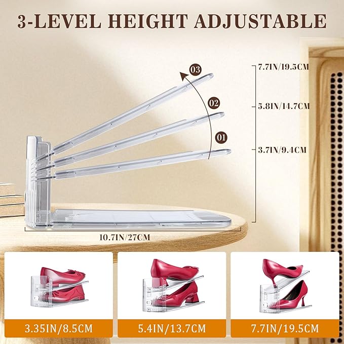Shoe Slots Organizer, 24 Pack Transparent Shoe Stackers for A Pair of Shoes, 3 Levels Adjustable Doulbe Deck Shoe Holder 50% Space Saver for Closet Organization