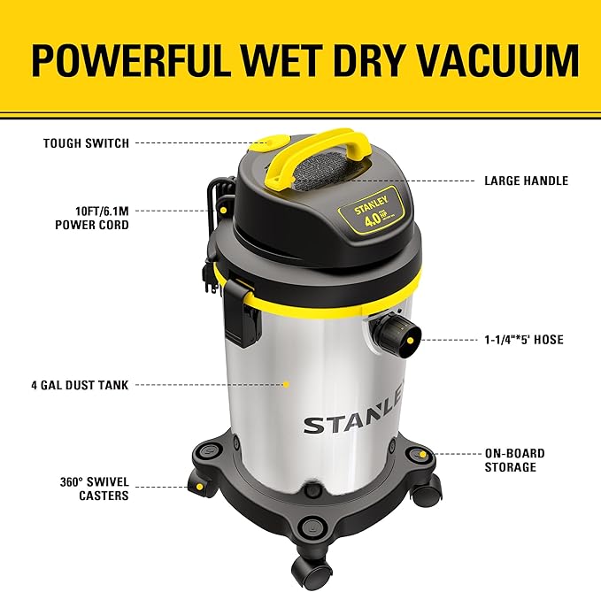 Stanley - SL18129 Wet/Dry Vacuum, 4 Gallon, 4 Horsepower, Stainless Steel Tank Silver+yellow