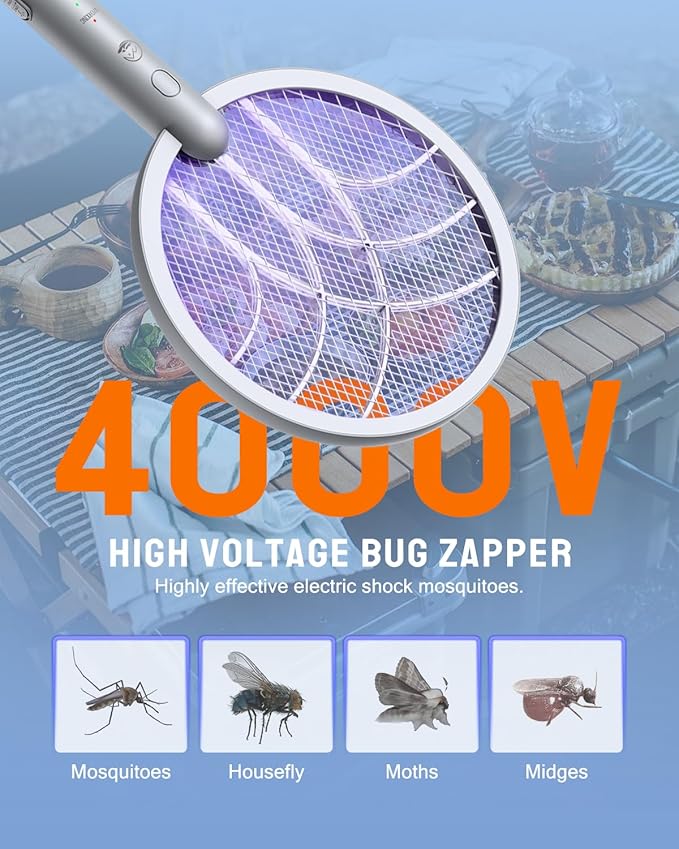Electric Fly Swatter Racket, Mosiller 2 in 1 Smart Bug Zapper & Power Take Off Generators with USB Rechargeable Base, Powerful Mosquitoes Trap Lamp & Fly Killer for Home, Bedroom (Light Grey（1 Pack）)