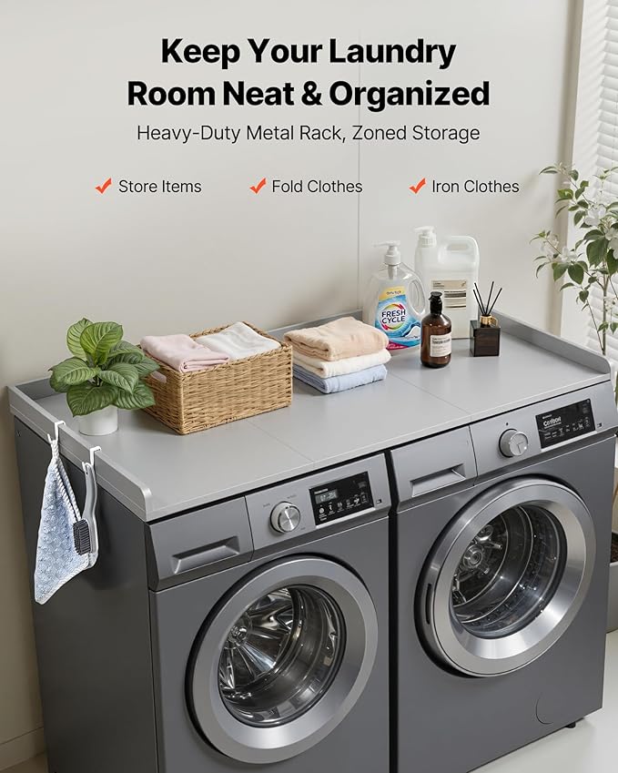 VEVOR Washer Dryer Countertop with 3 Splicing Panels, 54" x 27" Wooden Washer and Dryer Countertop with 2 Hooks, Water-Resistant Laundry Topper for Laundry Room Organization and Storage, Gray