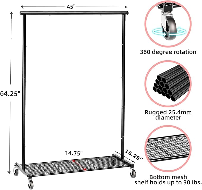 Ekisemio Clothes Rack for Hanging Clothes, 64.25 Inch Clothing Racks with Wheels, Portable Rolling Clothes Garment Rack for Bedroom, Laundry, Living Room, Black