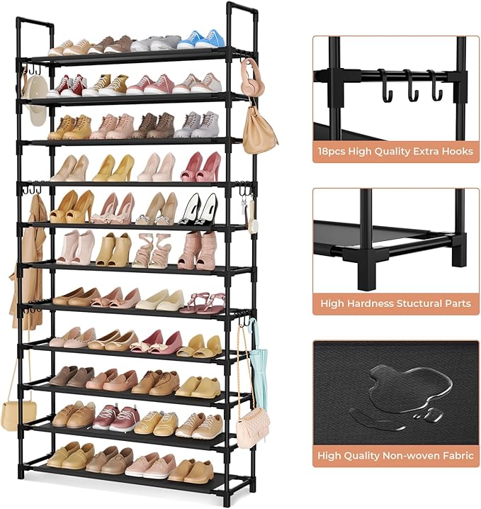 LANTEFUL 11 Tiers Tall Shoe Rack Holds 55 Pairs of Shoes with 18pcs Hooks Sturdy Wide Shoe Organizer Storage Free Standing Metal Shoe Shelf for Closet, Entryway Black
