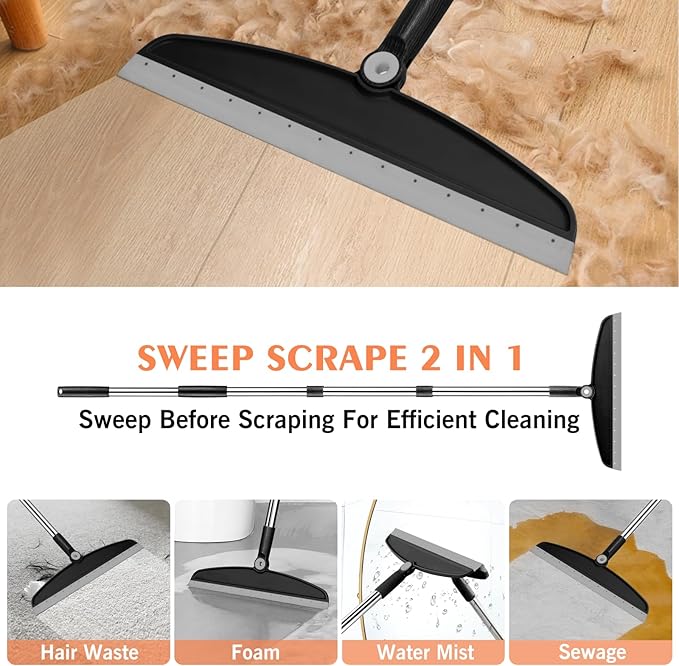 Multifunction Silicone Broom, 54 Inch Long Handle Silicone Floor Squeegee Broom, Sweep and Scrape 2 in 1 Household Cleaning Broom for Floor, Bathrooms, Kitchens, Showers, Tile, Pet Hair, Black Grey