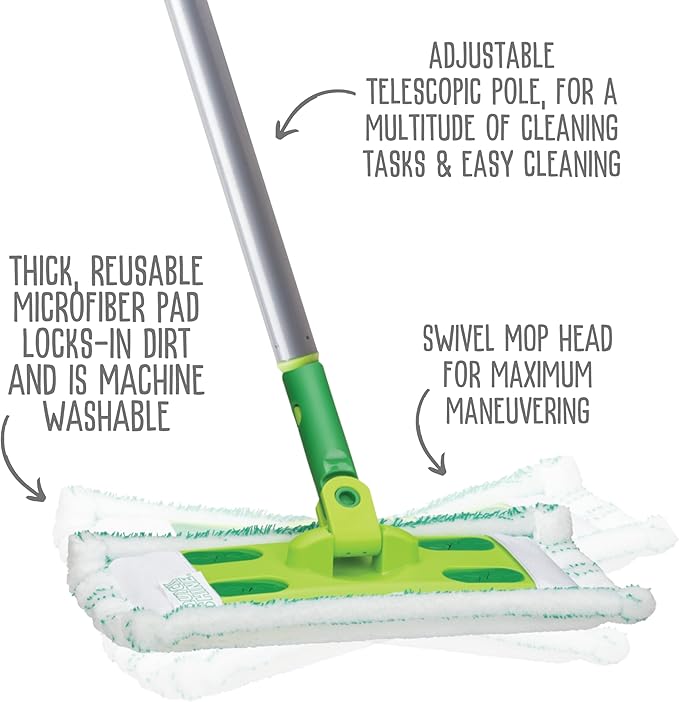Quick Shine Sustainable Hard Surface Floor Clean + Polish Mop Kit w/ 1 Reusable Pad | Hardwood, Luxury Vinyl Plank, Tile & Laminate | Use Wet + Dry | Perfect to Apply Finish | Squirt, Spread, Done