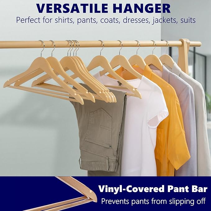 Amber Home 20 Pack Wooden Coat Hangers, Natural Wood Suit Hangers with Non-Slip Pant Bar, Clothes Hangers for Closet Organization, Shirts, Jackets, Dresses, and Pants (Natural, 20)