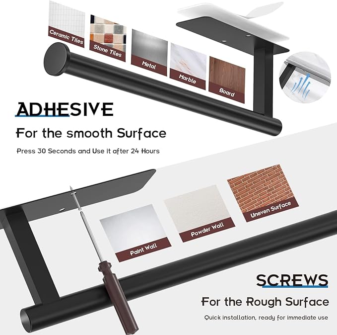 ASTOFLI Paper Towel Holder Under Cabinet No Drilling, Self Adhesive Paper Towel Holder Wall Mount for Kitchen Rack, Under Counter Napin Holder No Drill, RV, 304 Stainless Steel, Matte Black