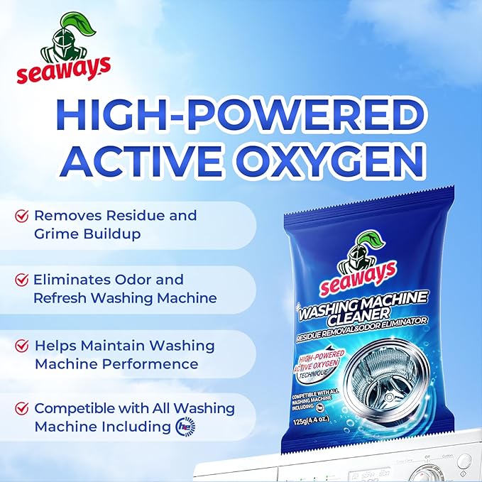 Seaways Washing Machine Cleaner Powder 4 Pack - Deep Clean Solution for HE Top Load and Front Load Washers, Descaler for Drum, Tub & All Internal Parts - 4 Month Supply