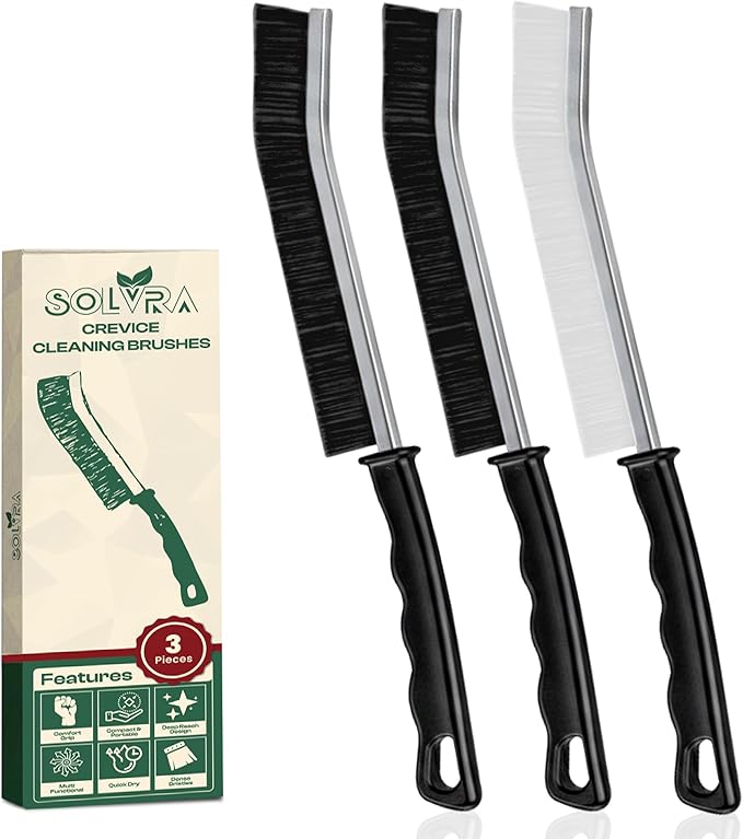 Crevice Cleaning Brush Set – 3Pcs Hard Bristle Cleaning Tools (2 Black & 1 White) for Grout, Tile Floors, Gaps & Narrow Spaces – Small Grout Scrub Brush for Bathroom, Shower, Window Tracks, Kitchen
