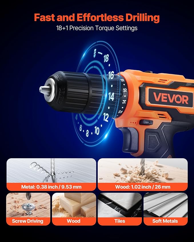 VEVOR Cordless Drill Driver, 1/2 inch Metal Chuck, Dual-Speed Variable, Drill Driver Kit with Lithium Battery and Charger, Belt Clip, for Wood and Metal Drilling, Screw Tightening or Loosening