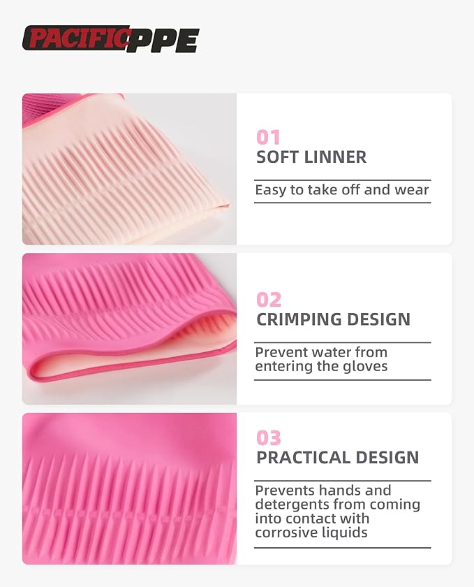 PACIFIC 2 Pairs Reusable Rubber Gloves for Washing Dishes and Cleaning Tasks, Water Resistant Household Gloves for Kitchen Bathroom, Grippy Latex Dish Washing, Pink, Meidum
