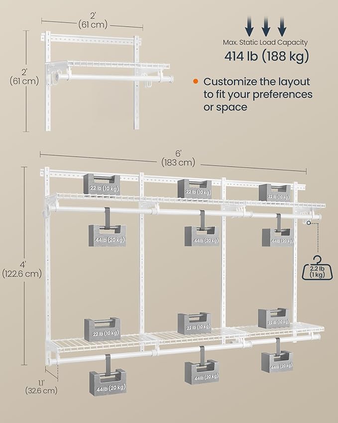 SONGMICS HOME Closet System, Closet Insert Organizer, 4-6 ft, Adjustable Metal Shelving Unit with 6 Hanging Rods, 6 Shelves, and Hooks, for Pantry Mudroom Garage Basement, Cloud White URGR032W01