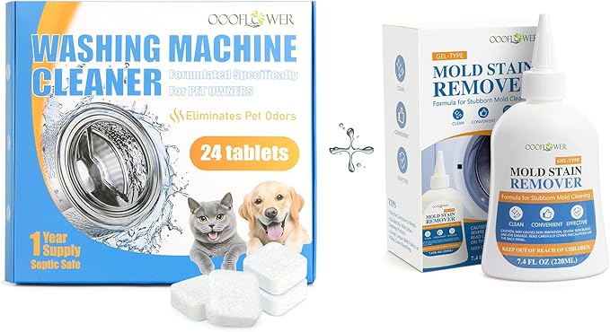 24PC Washing Machine Cleaner Tablets+Stain Remover Gel Cleaner, Heavy Duty Household Cleaner for Front Loader Washing Machine Seal, Bathroom Tile, Grout, Shower & Caulk, 7.76 Fl Oz