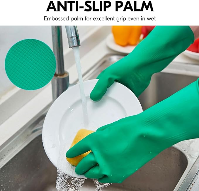 Vgo... 3-Pairs Reusable Household Gloves, Rubber Dishwashing gloves, Extra Thickness, Long Sleeves, Kitchen Cleaning, Working, Painting, Gardening, Pet Care (Size M, Green, HH4601)
