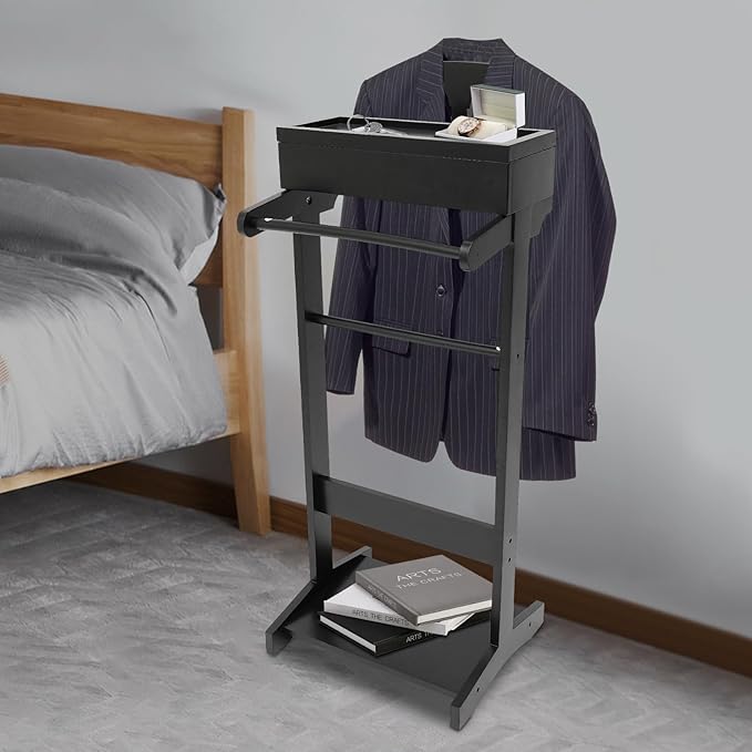 TFCFL Wooden Suit Rack with Drawer & Trouser Holder, Multi-functional Coat Stand for Hats/Scarves/Belts, Space-Saving Standing Suit Valet Stand for Home/Office, 22lbs Load Capacity (Black)