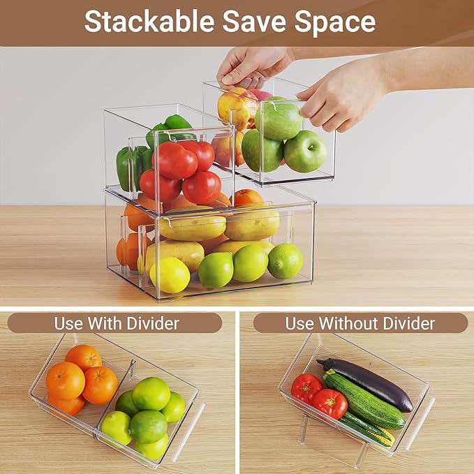 Clear Plastic Storage Bins with Dividers for Kitchen Pantry Organization, 3 Pack Large Thicken Stackable Storage Drawer Boxes for Refrigerator Cabinets Vanity Organizers and Storage, C6-2