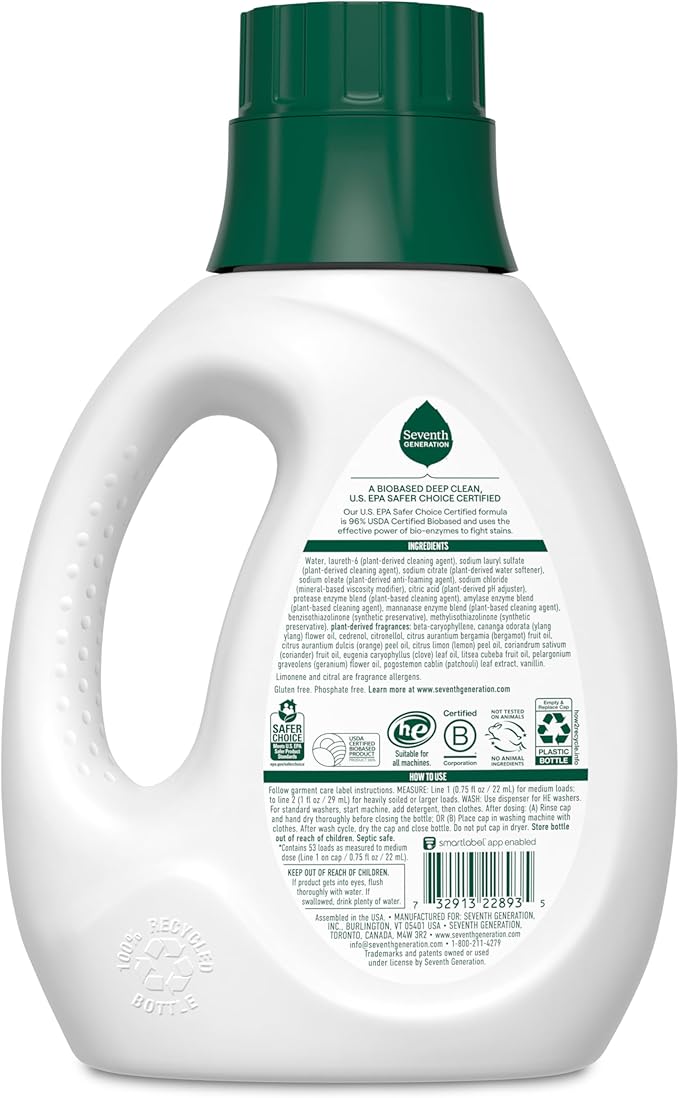 Seventh Generation Concentrated Laundry Detergent, Geranium Blossom & Vanilla, 40 oz, Pack of 2 (106 Loads), 40 Fl Oz (Pack of 2)