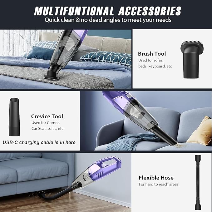 Bossdan Handheld Vacuum Cordless – Car Vac Portable with 8KPA & Multi Accessories & Low Noise, Lightweight Hand Held Vacuum Cordless Rechargeable for Car/Home/Dust/Pet Hair, Mine Portable Vacuum