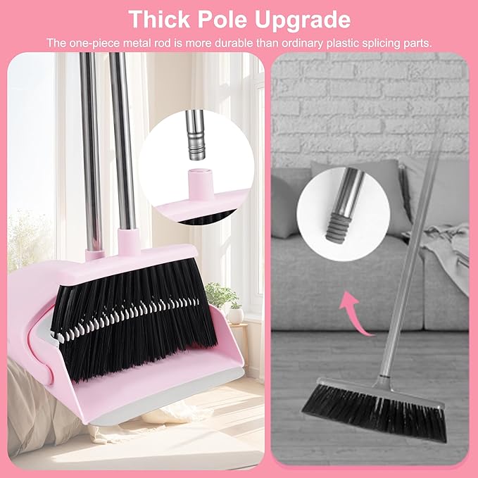 Broom and Dustpan Set, Broom Dustpan Combo Set for Home Commercial Cleaning Supplies Angle Broom with Long Handle Perfect for Courtyard Garage Street (Small-Pink)