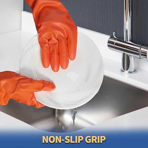 BOOMJOY PVC Cleaning Gloves with Lining, Heavy Duty Dishwashing Gloves, Reusable Large Gloves for Kitchen, Bathroom, Gardening, Working, Pet Care - Orange & Blue, 2 Pairs, Size L