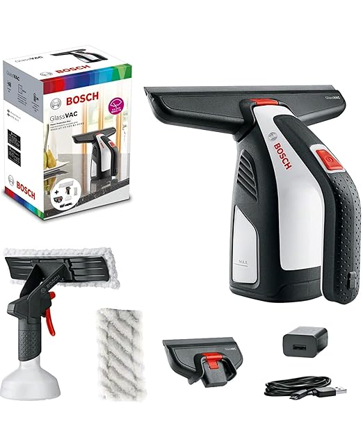 Bosch GlassVAC Cordless Electric Window Vacuum Squeegee Handheld Glass & Surface Cleaner Streak-Free Suction for Showers, Mirrors, Tiles, and Countertops – USB Rechargeable with Dual Head Attachments
