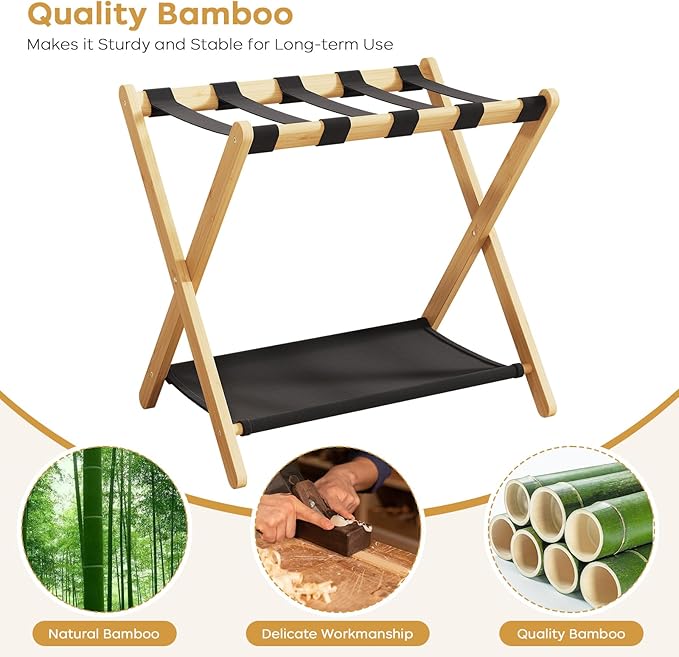oakvivo Fully Assembled Luggage Racks Pack of 2, Bamboo Natural Foldable Luggage Rack for Guest Room, Suitcase Stand with Fabric Storage Shelf for Hotel, 5 Nylon Straps, 26.77" W x 16.93" D x 22.5" H