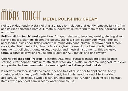 Rolite Midas Touch Metal Polishing Cream 4.5 Oz for Silver Gold Brass Copper Chrome Non-toxic Jewelry Restoration