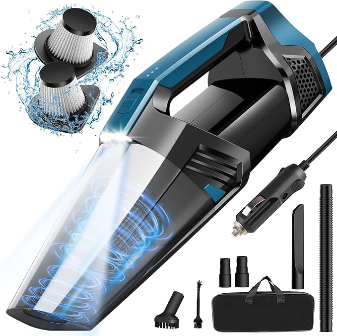 Blestan Car Vacuum - Portable Vacuum Cleaner with 16.4ft Cord, Bag, LED Light & Attachments - DC 12V High Power Small Vacuum, Car Accessories