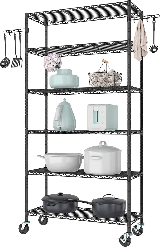 Folews 6-Tier Metal Storage Rack with Wheels, Sturdy Adjustable Wire Shelving Unit for Garage Kitchen Pantry Laundry Room, 36" W x 14" D x 75" H Large Rolling Organizer Shelf Easy Assembly, Black