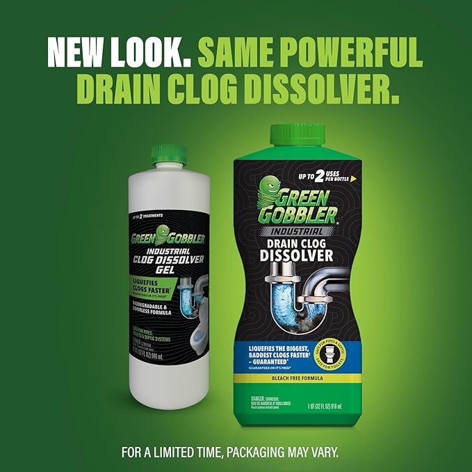 Green Gobbler Industrial Strength Grease and Hair Drain Clog Remover | Drain Cleaner Gel | Safe for Pipes, Toilets, Sinks, Tubs, Drains & Septic Systems (Packaging May Vary)