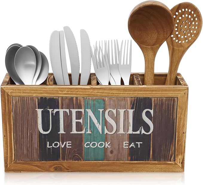 Wood Utensil Holder Practical Utensil Holder with 4 Compartments for Oil Bottle Spatula Cutter and Fork