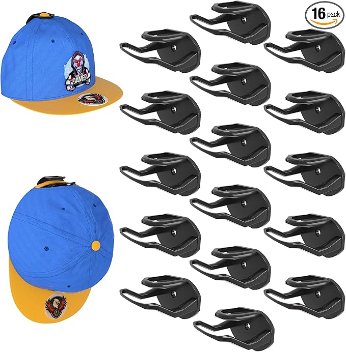 Niunuerga 16 Pack Adhesive Hat Hooks for Wall, Strong Hat Rack for Baseball Caps, Hat Organizer Display for Home Decor, Hat Hold Hanger for Wall, Door, Closet, No Drilling - USA Patented (Black)