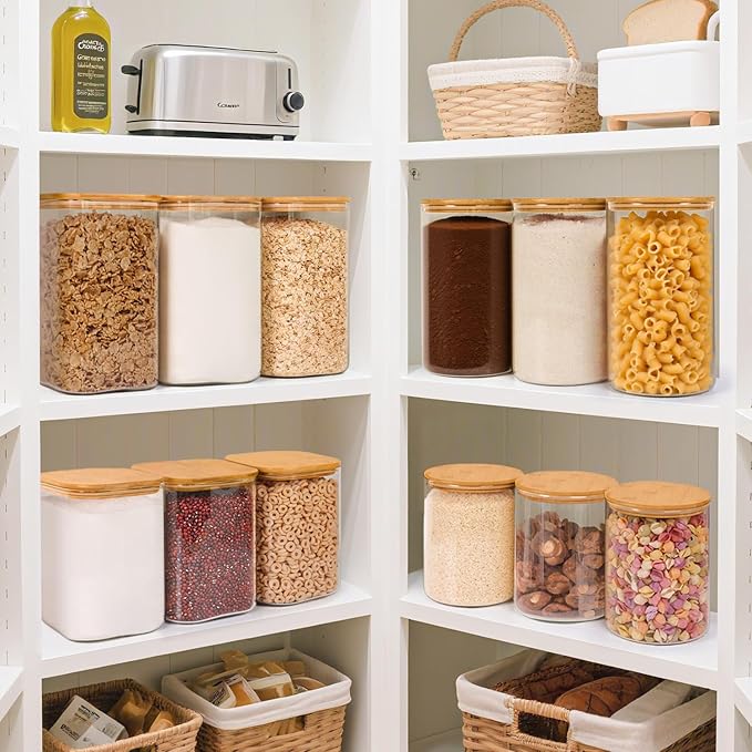 ComSaf Glass Food Storage Containers, 3.6Qt/1.2Qt Glass Flour and Sugar Containers with Airtight Lids, Large Square Jars with Bamboo Lids for Rice, Pasta, Oats, Grains, Cookies, Snacks, Candy