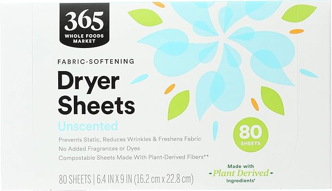 365 by Whole Foods Market Dryer Sheets Fabric Softener, Unscented | 80 Count | Pack of 2