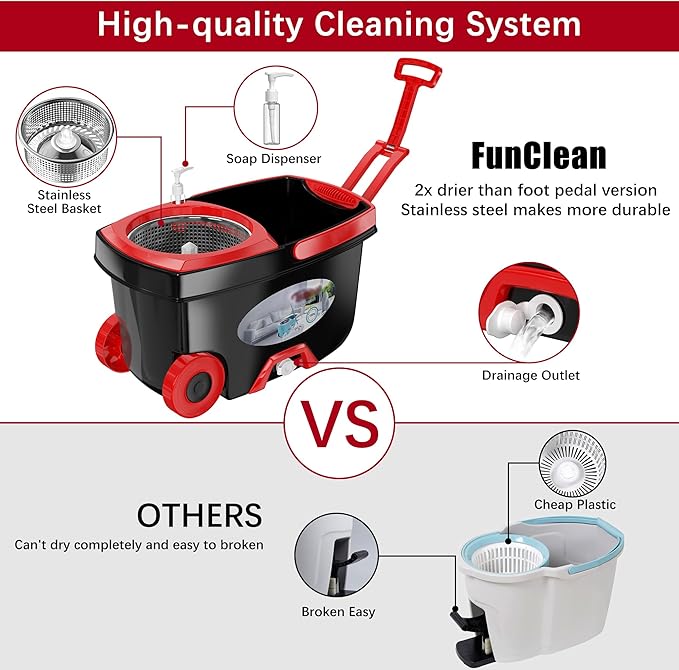 FunClean 360° Spin Mop and Bucket Set with Wringer, 6 Extra Microfiber Heads, 61" Extended Handle for Effortless Floor Cleaning, 2X Wheel Design - Black