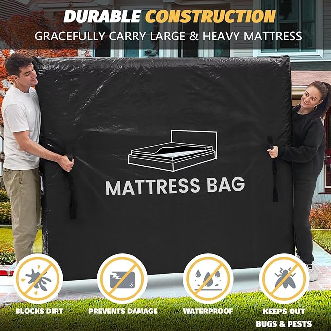 Mattress Bags for Moving and Storage, BETU Queen Mattress Protector Waterproof Mattress Cover with 8 Heavy Duty Handles and Zipper Extra Thick Moving Supplies for Bed Reusable (82x62x13.5 Black)