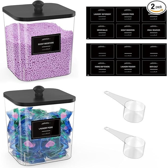 COAZEX 2 Pack Clear Laundry Pods Container, Plastic Square Laundry Room Organization and Storage Jars with Black Lids, Scoops & Labels for Detergent, Powder, Dryer Balls